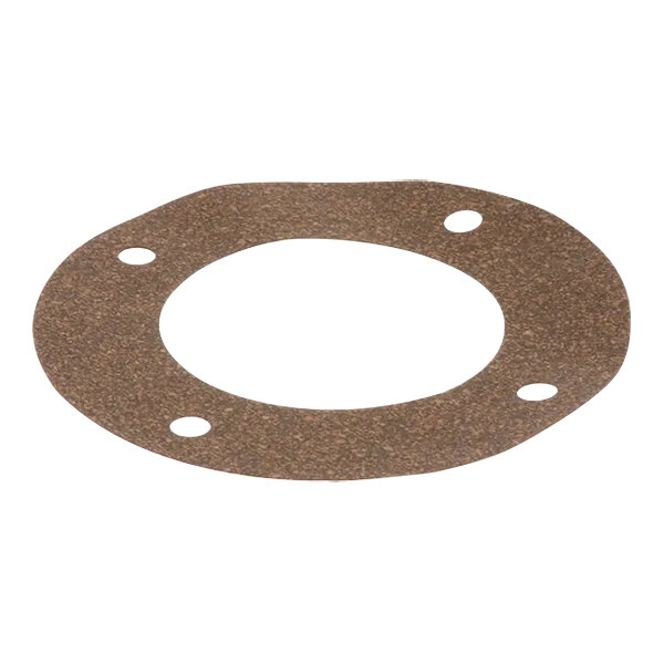 An Ice-O-Matic gasket with holes in a brown oval shape.