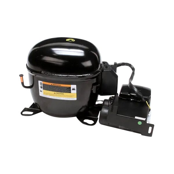 A black Turbo Air Refrigeration compressor with a yellow label on the side.