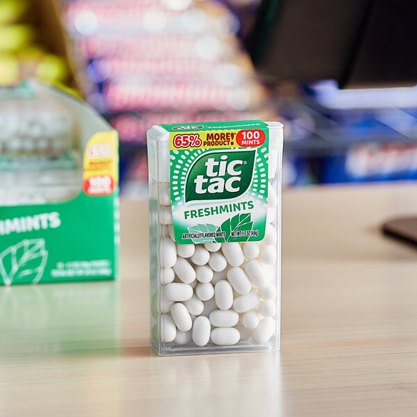 A case of TIC TAC Freshmints on a table.