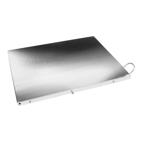 A stainless steel rectangular tank cover with a wire assembly handle.