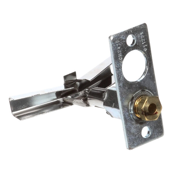 A metal piece with a brass screw and knob.