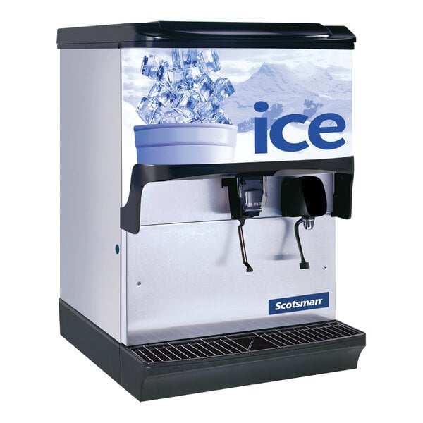 A Scotsman countertop ice and water dispenser with ice in a bucket.