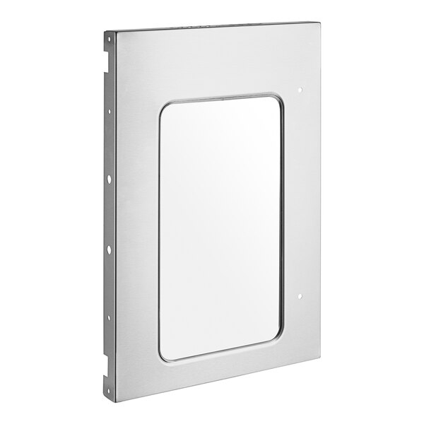 A white rectangular metal panel door with a window.