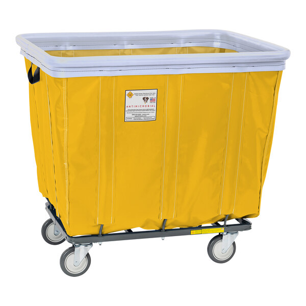 A yellow R&B Wire laundry cart with wheels.