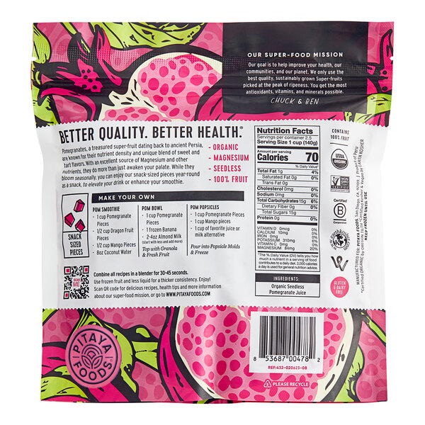 A bag of Pitaya Foods organic seedless pomegranate cubes with a design on it.