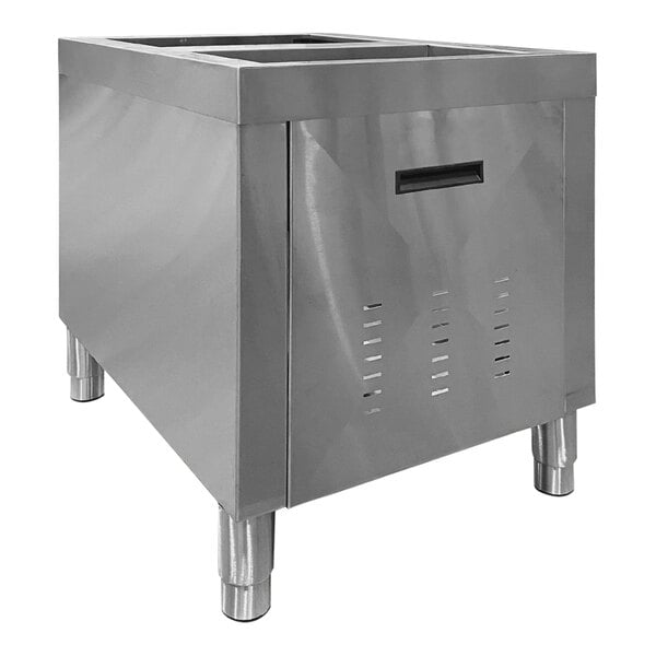 A Scotsman stainless steel equipment stand with a large square stainless steel container on it.