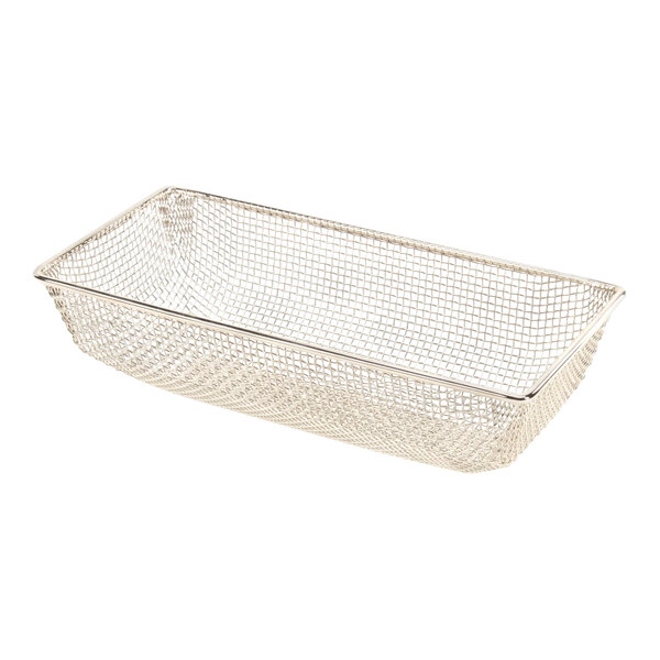 A silver wire mesh Pitco basket.