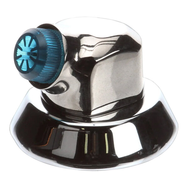 A shiny silver and blue Pitco faucet with a blue cap.