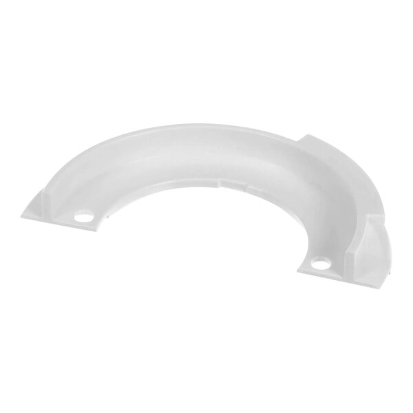 A white plastic Ice-O-Matic upper mount with holes and a curved edge.