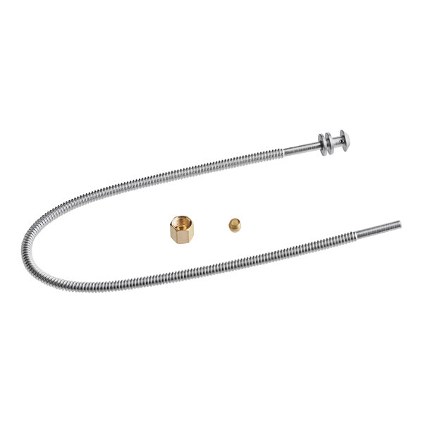 A stainless steel hose with a brass nut and screw.