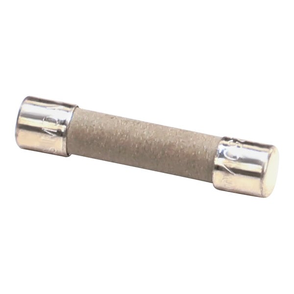 A close-up of a silver cylindrical fuse with a brown cap.