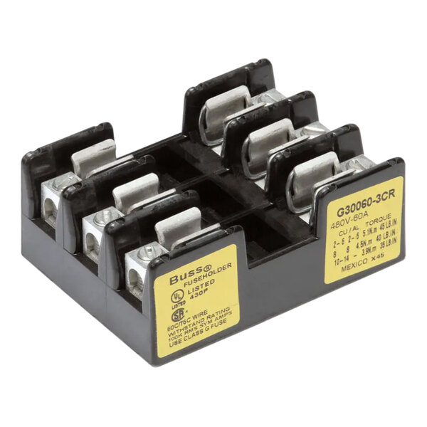 A black and white Pitco fuseblock with three terminals.