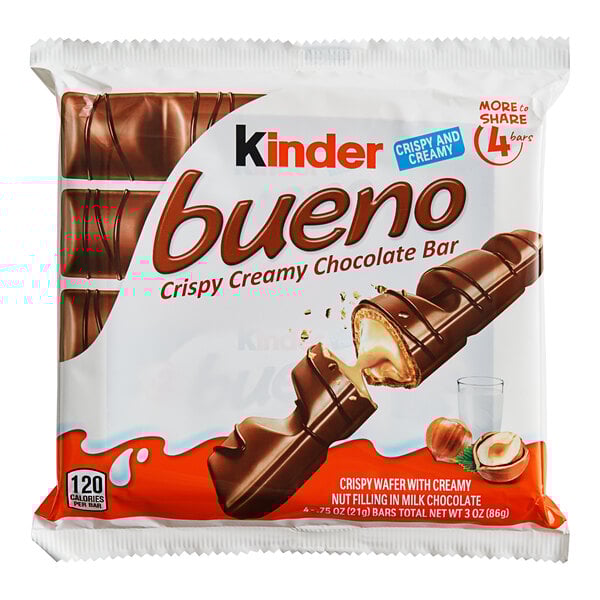 A box of 8 individually wrapped KINDER Bueno hazelnut milk chocolate bars.