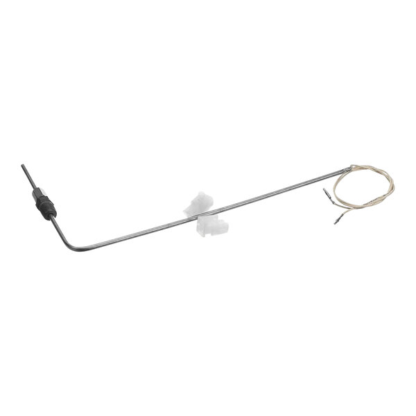 A close-up of a metal rod with a wire hook on the end.