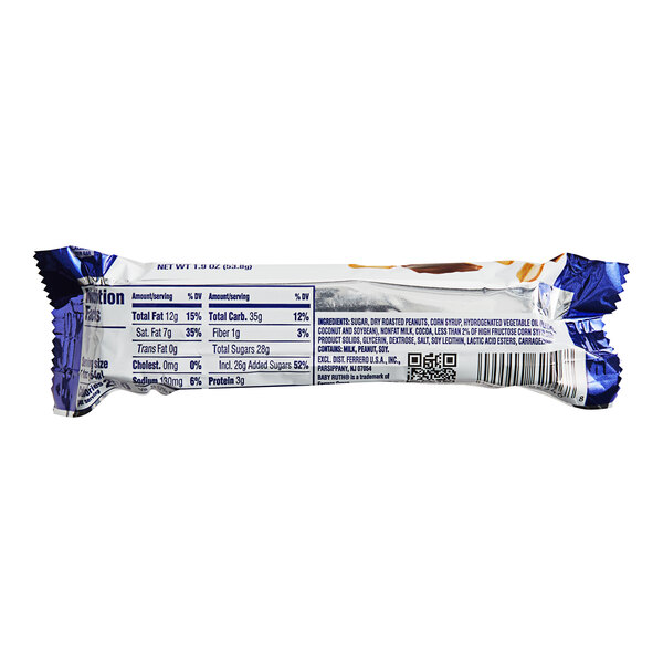 A close-up of a BABY RUTH chocolate bar in its package.