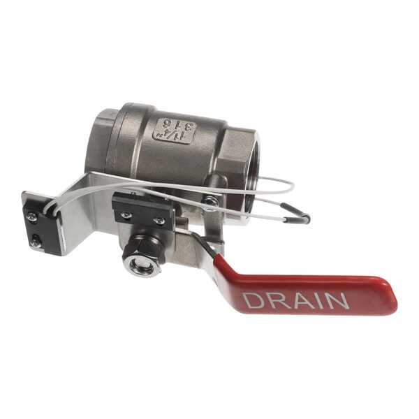 A Vulcan stainless steel valve assembly with a red handle.