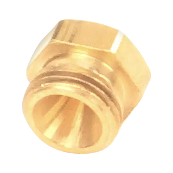 A brass circular nut with threads.
