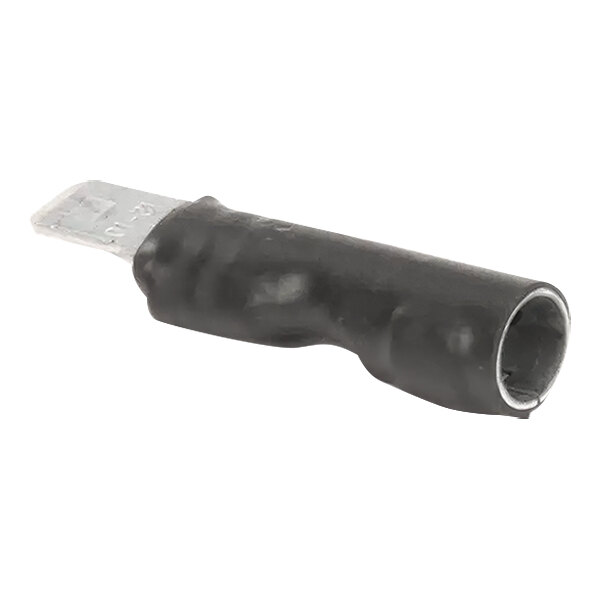 A black plastic connector with silver and black cables.