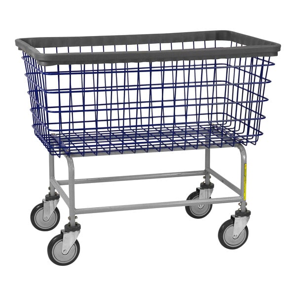 A blue and gray R&B Wire Products, Inc. laundry cart with wheels.