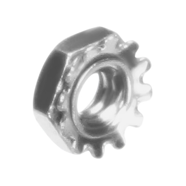 A close-up of a silver Pitco hex nut.