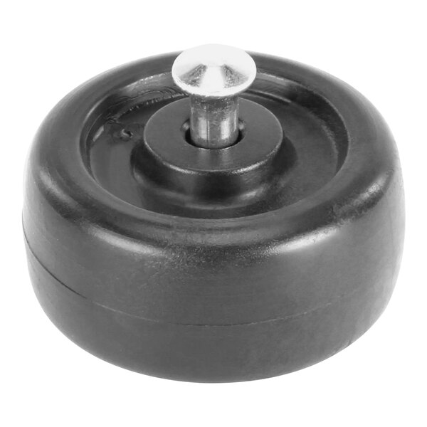 A black plastic wheel with a silver metal screw.