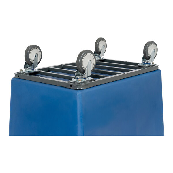 A blue R&B Wire Products polypropylene laundry cart with a metal frame and wheels.