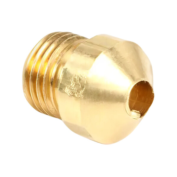 A close-up of a gold Vulcan orifice spud with a threaded hole.