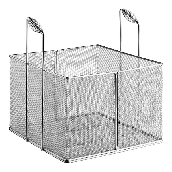 A stainless steel wire mesh basket with handles for an Imperial Range pasta cooker.