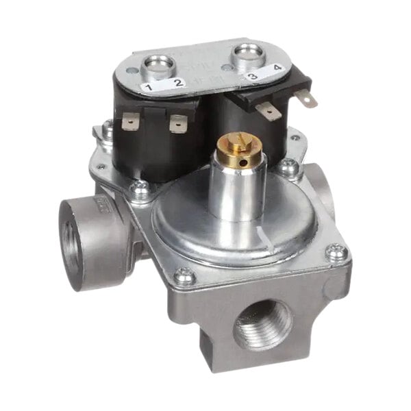 A metal Vulcan natural gas valve with two round objects.