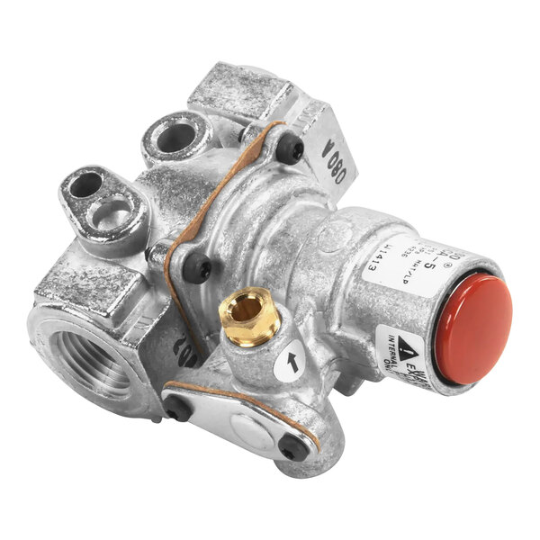 A silver metal Pitco gas safety valve with a red button.