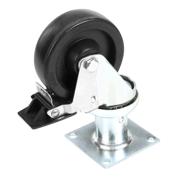 A black and silver metal Pitco swivel caster.
