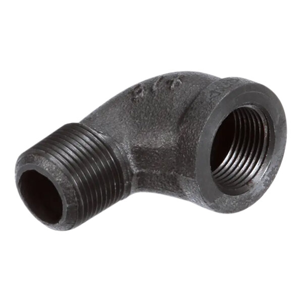 A close-up of a black metal elbow pipe fitting with threaded ends.