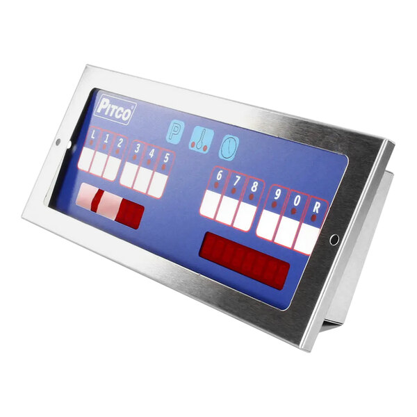 A blue and silver rectangular control panel for a Pitco Retro Pmatic-3600.