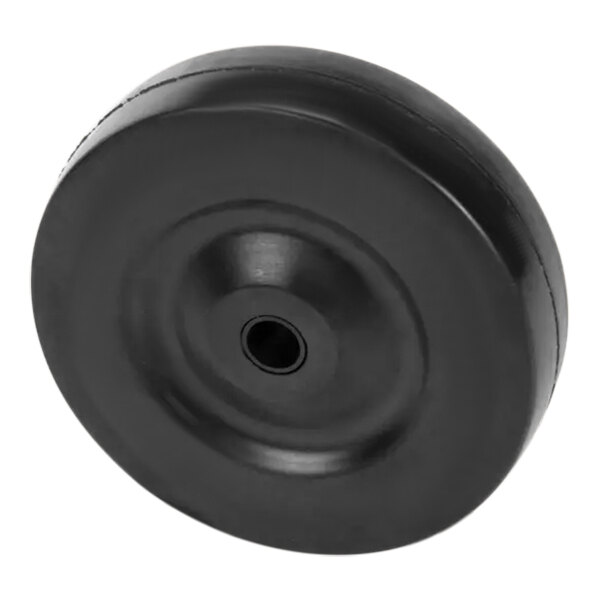 A black circular caster with a hole in the center.