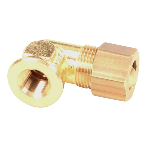 An Imperial Range brass 90 degree female elbow with threaded ends and a nut.