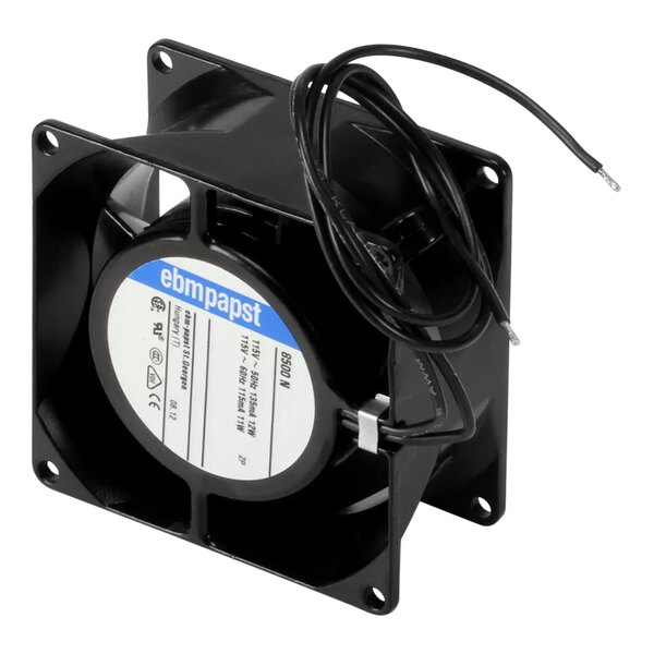 A black fan with a white label and black wires.