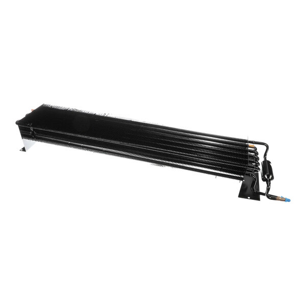 A black metal Turbo Air Refrigeration evaporator coil with two black metal tubes and wires.