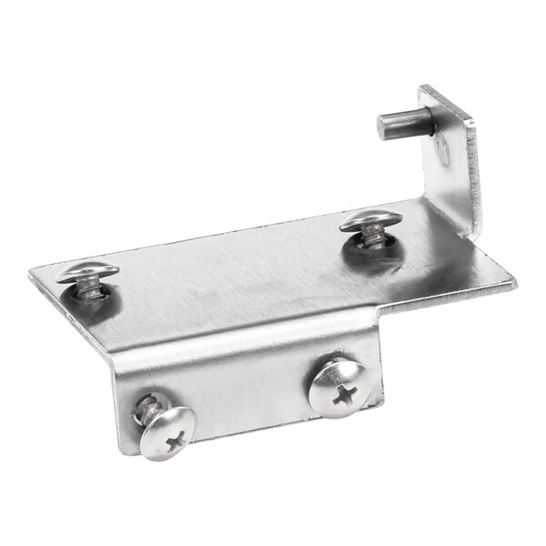 A stainless steel Imperial Range door hinge bracket with two screws.