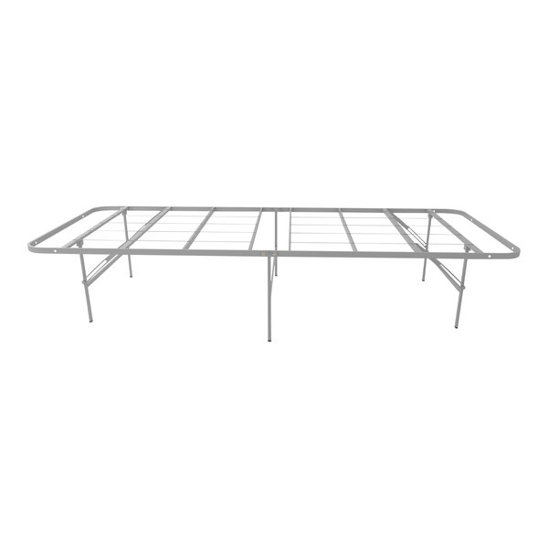 A silver steel Rize Home platform bed frame with metal legs.