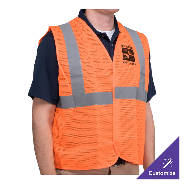 A man wearing a Cordova orange high visibility safety vest with reflective stripes.