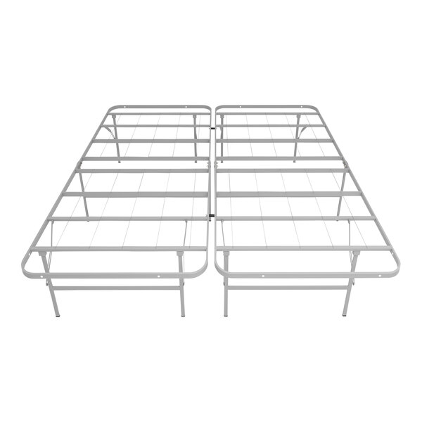 A Rize Home silver steel platform bed base with metal rods.