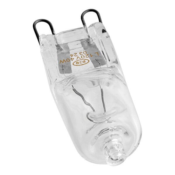 A clear light bulb with a metal strip.