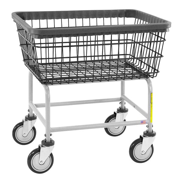 A black shopping cart with black metal basket on wheels.