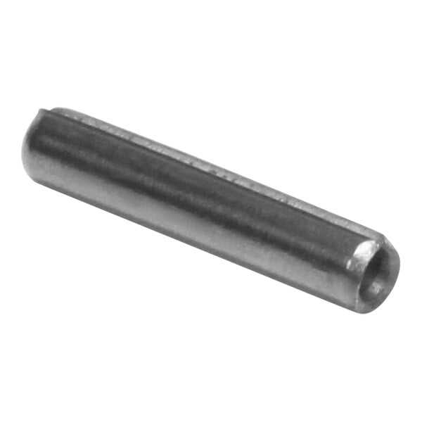 A close-up of a Vulcan RP-002-10 roll pin, a metal cylinder with a small hole in it.
