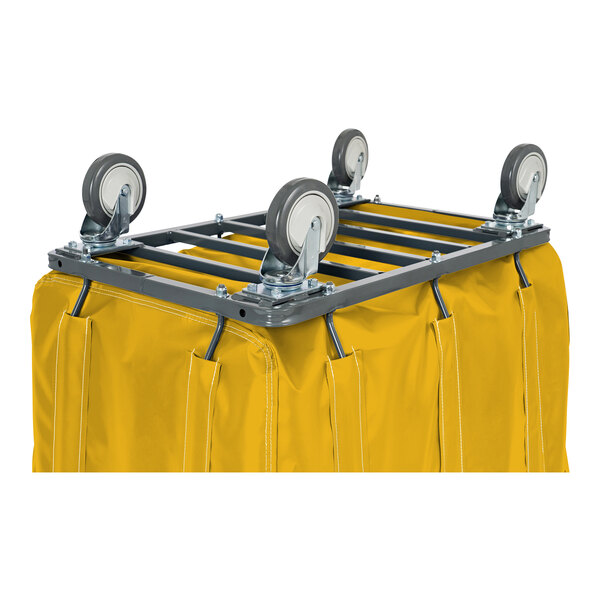 A yellow container bag with wheels.