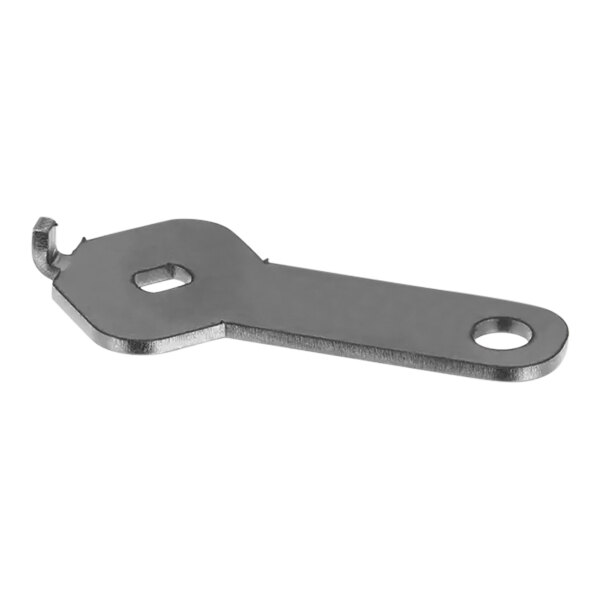 A silver metal Pitco drain valve handle with holes.