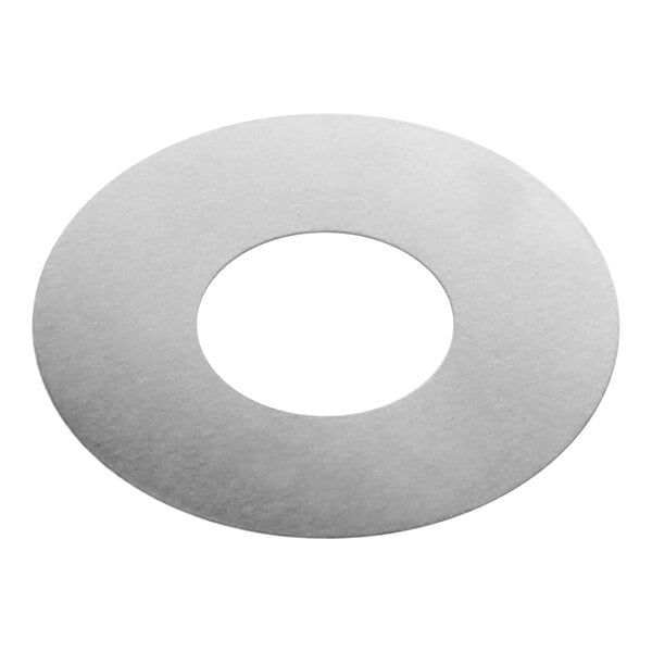 A round stainless steel Vulcan shim with a hole in the middle.