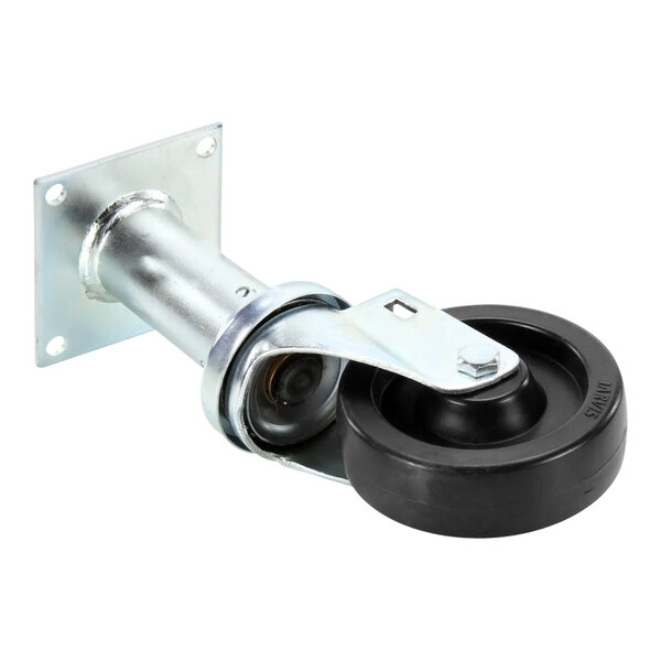 A metal wheel with a black rubber wheel and metal plate.