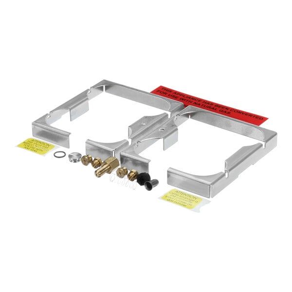 A metal bracket with metal parts including screws and nuts.