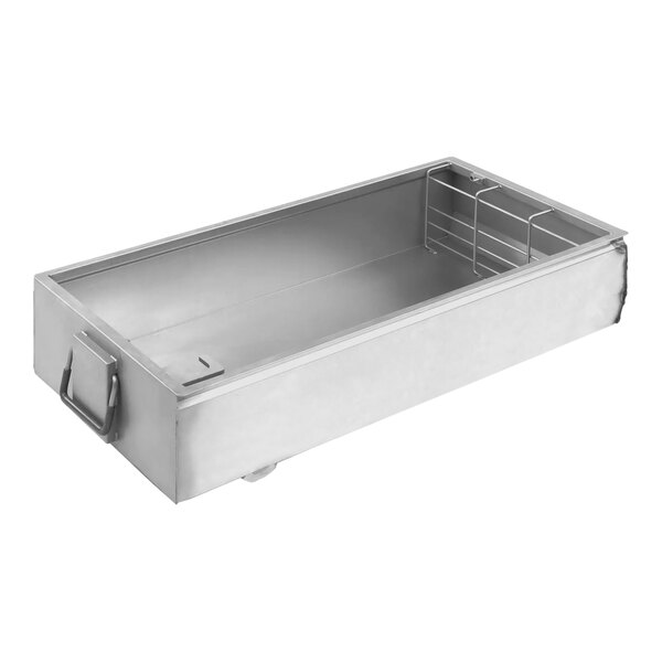 A metal container with a stainless steel pan and a metal handle.